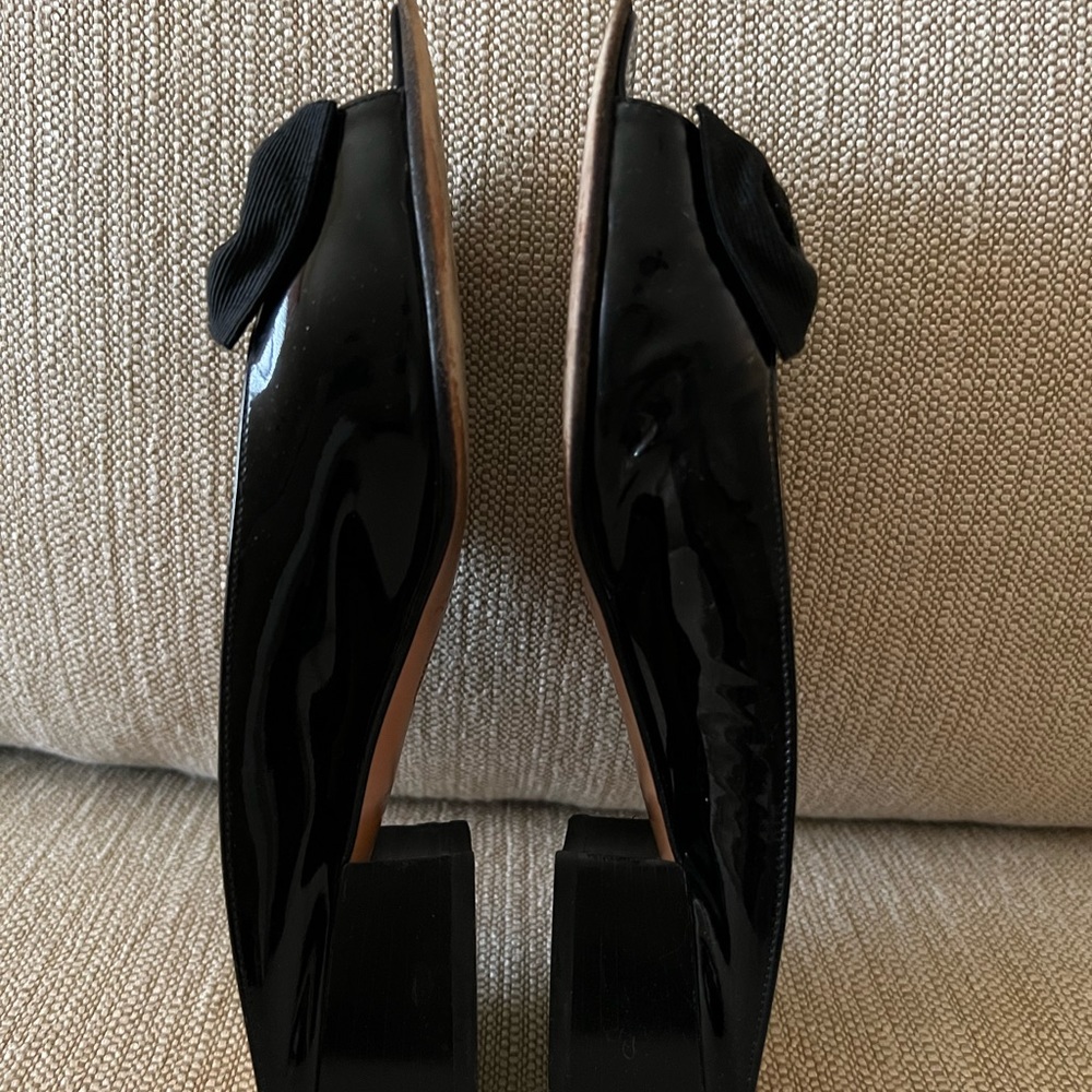 Salvatore Ferragamo Black Patent Peep Toe Bow Slide Sandals Women Size 7 1/2